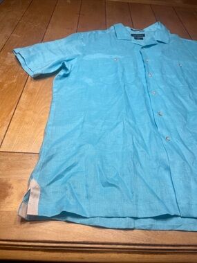 Paul Fredrick Men's 100% Linen Short-Sleeve Button Up Shirt - Turquoise Blue XL